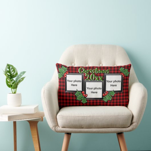 赤素朴黒バッファローplaidパーソナライズ写真 ランバークッション (椅子)