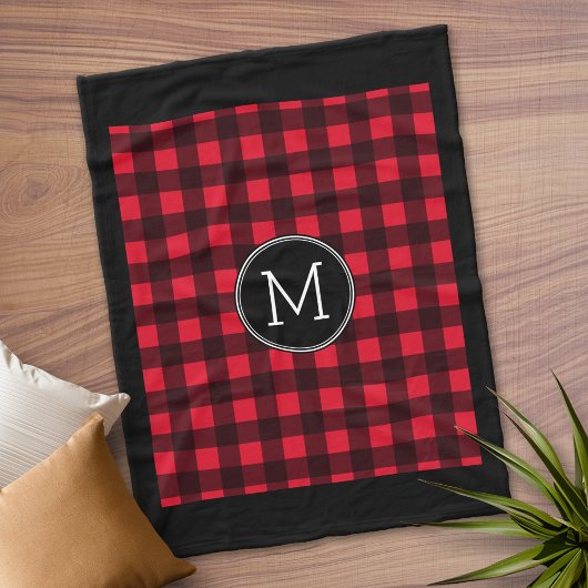 赤素朴黒水牛の格子模様モノグラム フリースブランケット
