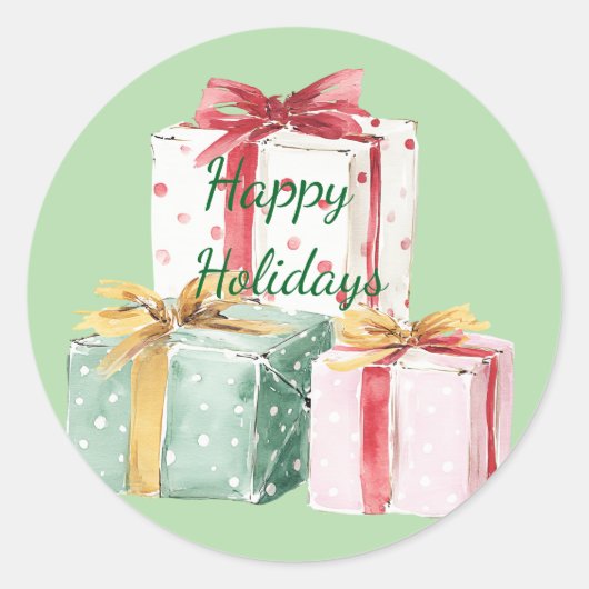 🎄赤素朴、白、緑の休日プレゼント ラウンドシール (正面)
