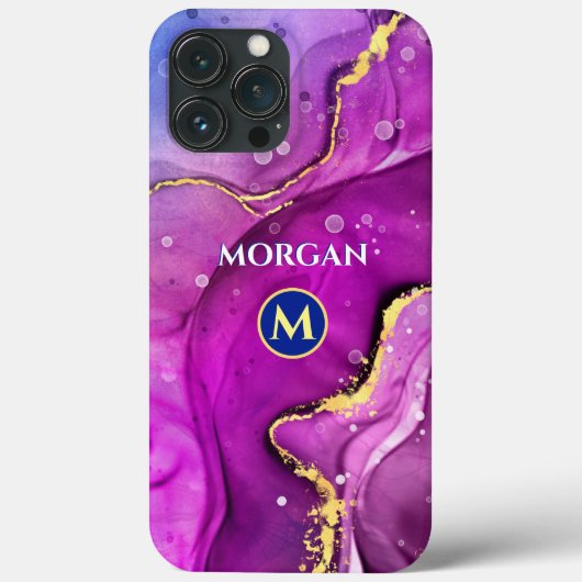 赤紫と金の液状インク、モノグラムと名前 Case-Mate iPhoneケース (裏面)