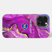 赤紫と金の液状インク、モノグラムと名前 iPhoneケース (裏面横)