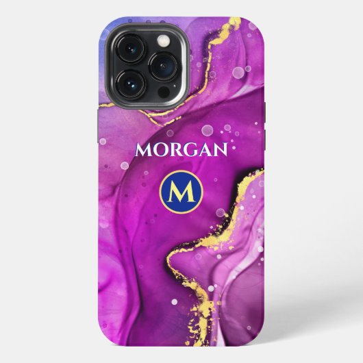 赤紫と金の液状インク、モノグラムと名前 iPhoneケース (裏面)