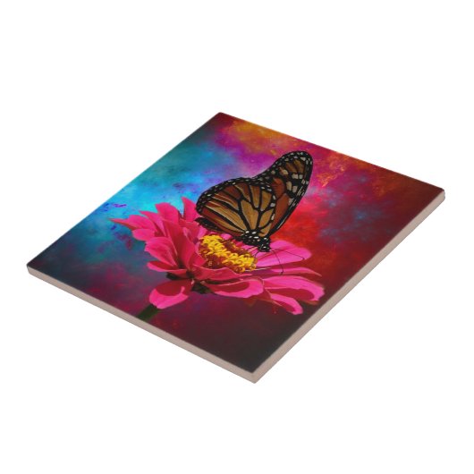 赤紫のデイジーのターコイズのティール(緑がかった色)のボヘミア人の蝶 タイル (側面)