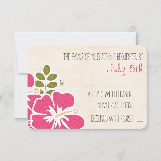 赤紫のハイビスカスのハワイの結婚式の応答カード 出欠カード (裏面)