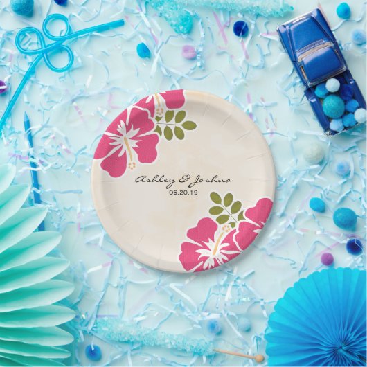 赤紫のハイビスカスのハワイの結婚式 ペーパープレート (パーティー)