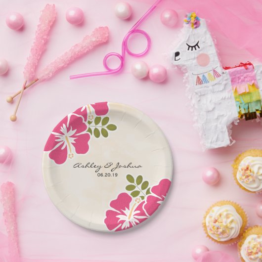 赤紫のハイビスカスのハワイの結婚式 ペーパープレート (パーティー)