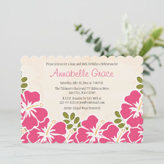 赤紫のハイビスカスのハワイのSweet sixteenの誕生日 招待状 (スタンド正面)