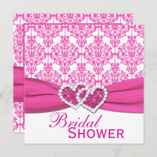 赤紫のピンクおよび白いダマスク織のブライダルシャワーの招待 招待状 (正面/裏面)