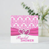 赤紫のピンクおよび白いダマスク織のブライダルシャワーの招待 招待状 (スタンド正面)