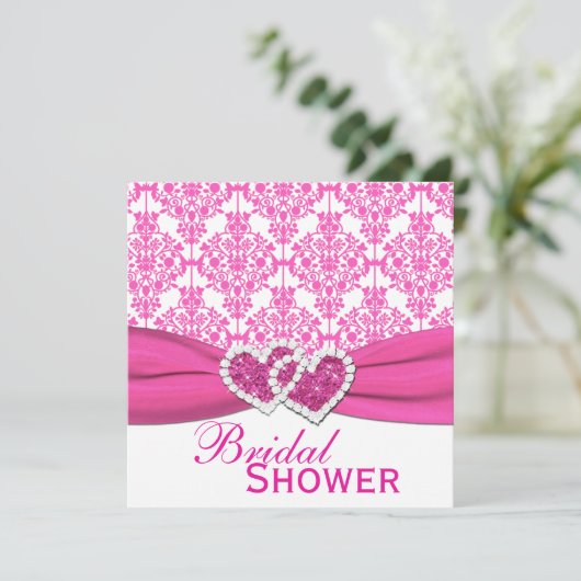 赤紫のピンクおよび白いダマスク織のブライダルシャワーの招待 招待状 (スタンド正面)