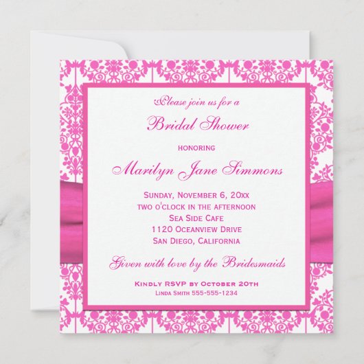 赤紫のピンクおよび白いダマスク織のブライダルシャワーの招待 招待状 (裏面)