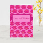 赤紫のピンクのパリのダマスク織の幸せな第21誕生日 カード (黄色い花)