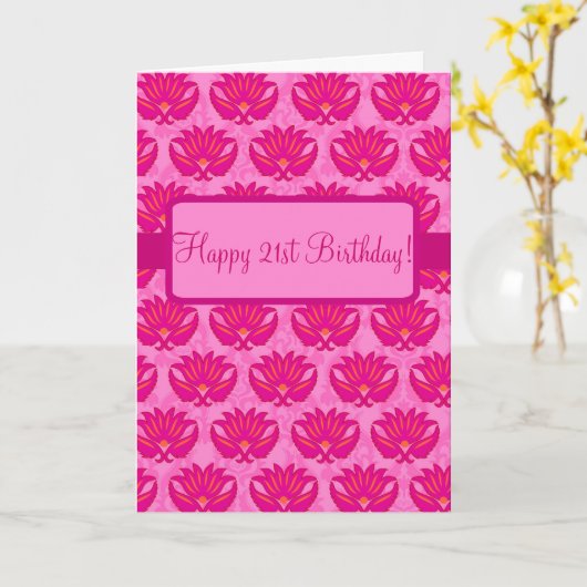 赤紫のピンクのパリのダマスク織の幸せな第21誕生日 カード (黄色い花)
