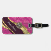 赤紫のピンクの名前入りでかわいらしいダマスク織パターン ラゲッジタグ (正面横)