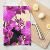 赤紫のピンクの蘭のクリーム及び黒いパターンギフト キッチンタオル (四つ折り)