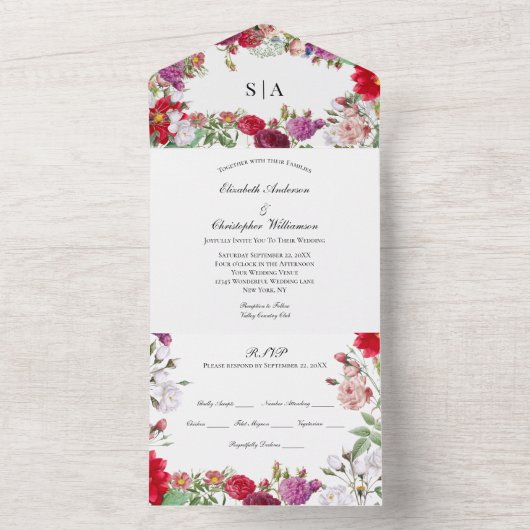 赤紫のフローラ結婚の全てを一つの招待状 オールインワン招待状 (内側)