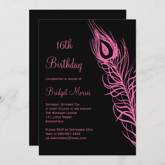 赤紫の羽の菓子16の誕生日の招待状 招待状 (正面/裏面)