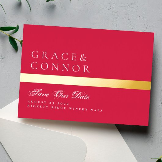 赤紫ストライプの写真保存日 箔招待状