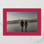 赤紫ストライプの写真保存日 箔招待状 (裏面)