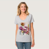 赤紫ピンクポピーフローラ水彩画 Tシャツ (正面フル)