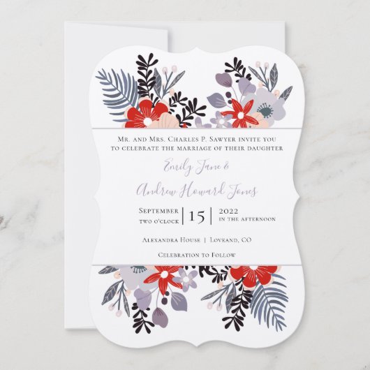 赤紫ミレニアルフローラシダタイポグラフィ 招待状 (正面)