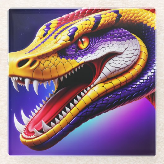 赤紫鮮やか白と黄のコブラはかりで測 ガラスコースター (正面)