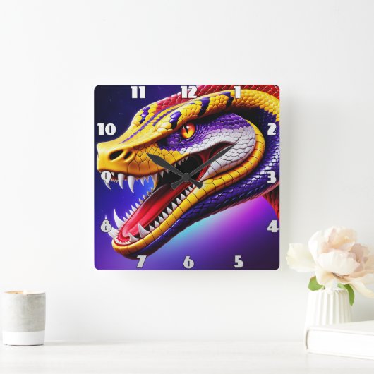 赤紫鮮やか白と黄のコブラはかりで測 スクエア壁時計 (ホーム)