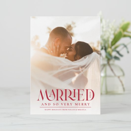 赤結婚したエレガントタイポグラフィ写真クリスマス シーズンカード (スタンド正面)