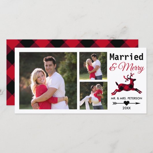 赤結婚したメリーバッファロープレイドクリスマス写真 シーズンカード (正面/裏面)
