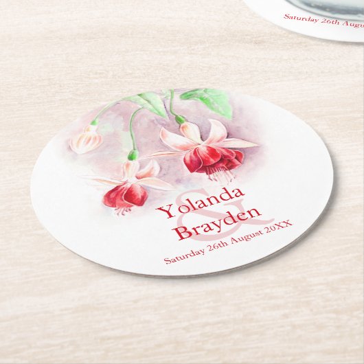 赤結婚明るい赤紫色ウォーターカラー紙コースター ラウンドペーパーコースター (アングル)