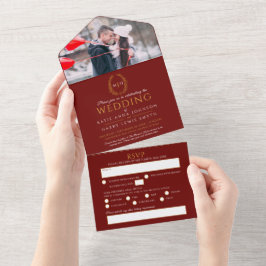 赤結婚白金ゴールド楕円モノグラ葉ム写真 オールインワン招待状