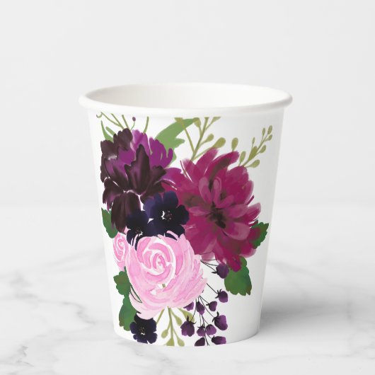 赤絵を描、ピンク、深い紫の手プリント 紙コップ (正面)