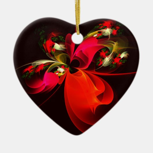 赤緑のフローラモダン抽象芸術アートパターン#02 セラミックオーナメント (正面)