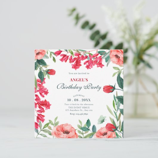 赤緑のフローラリース誕生日 招待状 (スタンド正面)