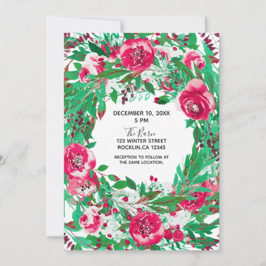 赤緑のホリデー クリスマス フラワー ウェディング 招待状 (裏面)