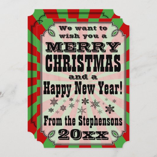 赤緑のヴィンテージ国クリスマスグリーティングカード シーズンカード (正面/裏面)