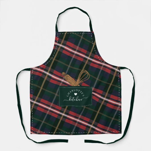 赤緑の格子縞の偽ポケットと木製のスプーンとウィスク エプロン (正面)