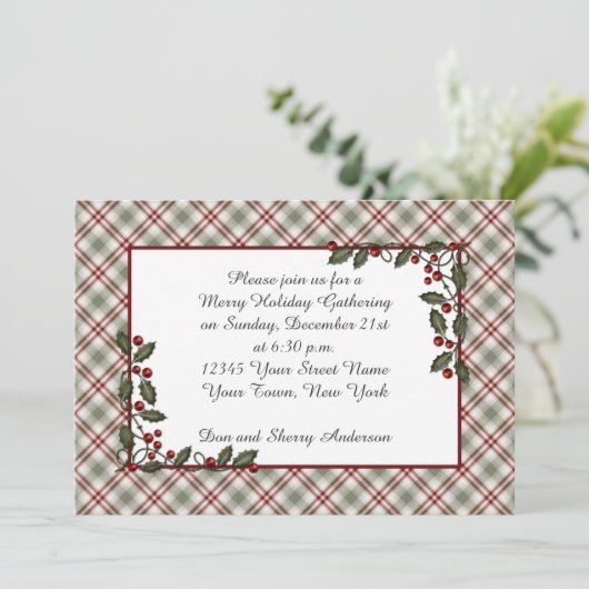 赤緑の格子縞の柊の葉 招待状 (スタンド正面)