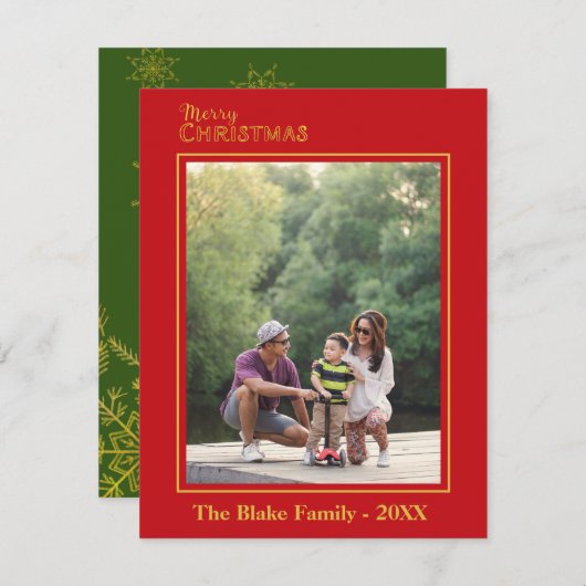 赤緑の金ゴールド家族の写真メリークリスマス ノートカード (正面/裏面)