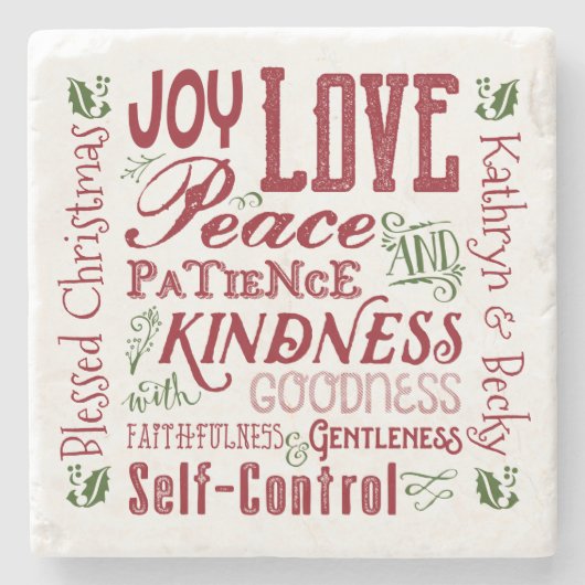 赤緑の霊のクリスマス·フルーツのモノグラム ストーンコースター (正面)