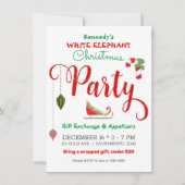 赤緑グリッター ホワイトエレファント クリスマスパーティー 招待状 (正面)