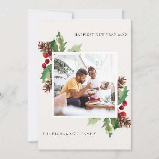 赤緑ヒイラギマツのコーンの新年写真 シーズンカード (正面)