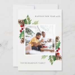 赤緑ヒイラギマツのコーンの新年写真 シーズンカード