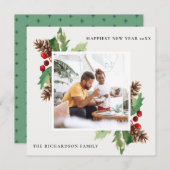 赤緑ヒイラギマツのコーンの新年写真 シーズンカード (正面/裏面)