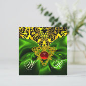 赤緑リボン ゴールド ケルト ハート ダマスク モノグラム 招待状 (スタンド正面)