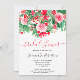 赤緑冬フローラ水彩ブライダルシャワー 招待状