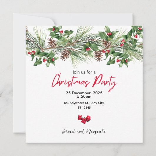 赤緑水彩クリスマスパーティ招待状 シーズンカード (正面)