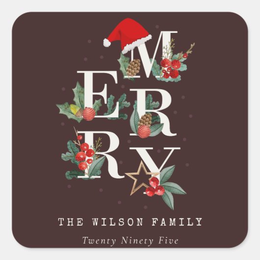 赤緑白メリークリスマスの葉 スクエアシール (正面)