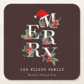 赤緑白メリークリスマスの葉 スクエアペーパーコースター (正面)