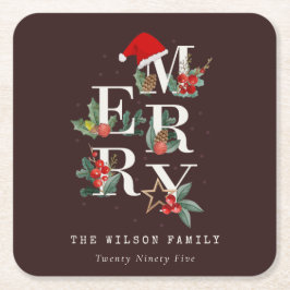 赤緑白メリークリスマスの葉 スクエアペーパーコースター